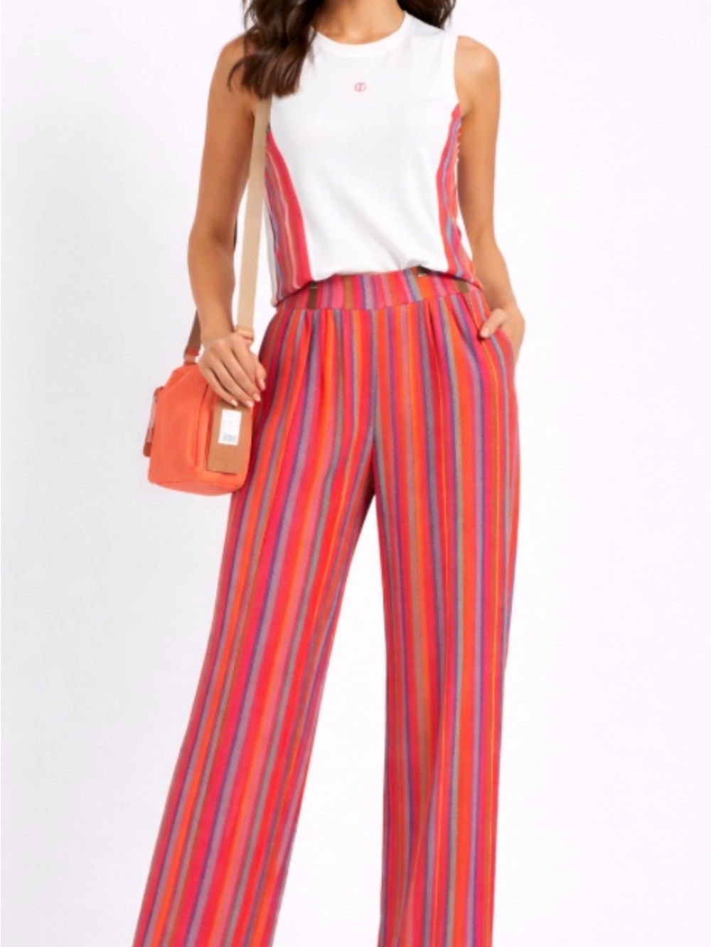 Coral Pink Striped Top and Wide-Leg Pants Set- Women